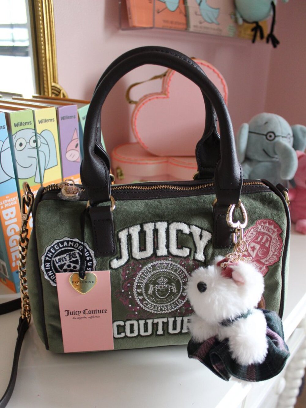 Juicy Couture Super Greens Varsity Velour Satchel Scottie Dog Charm NWT